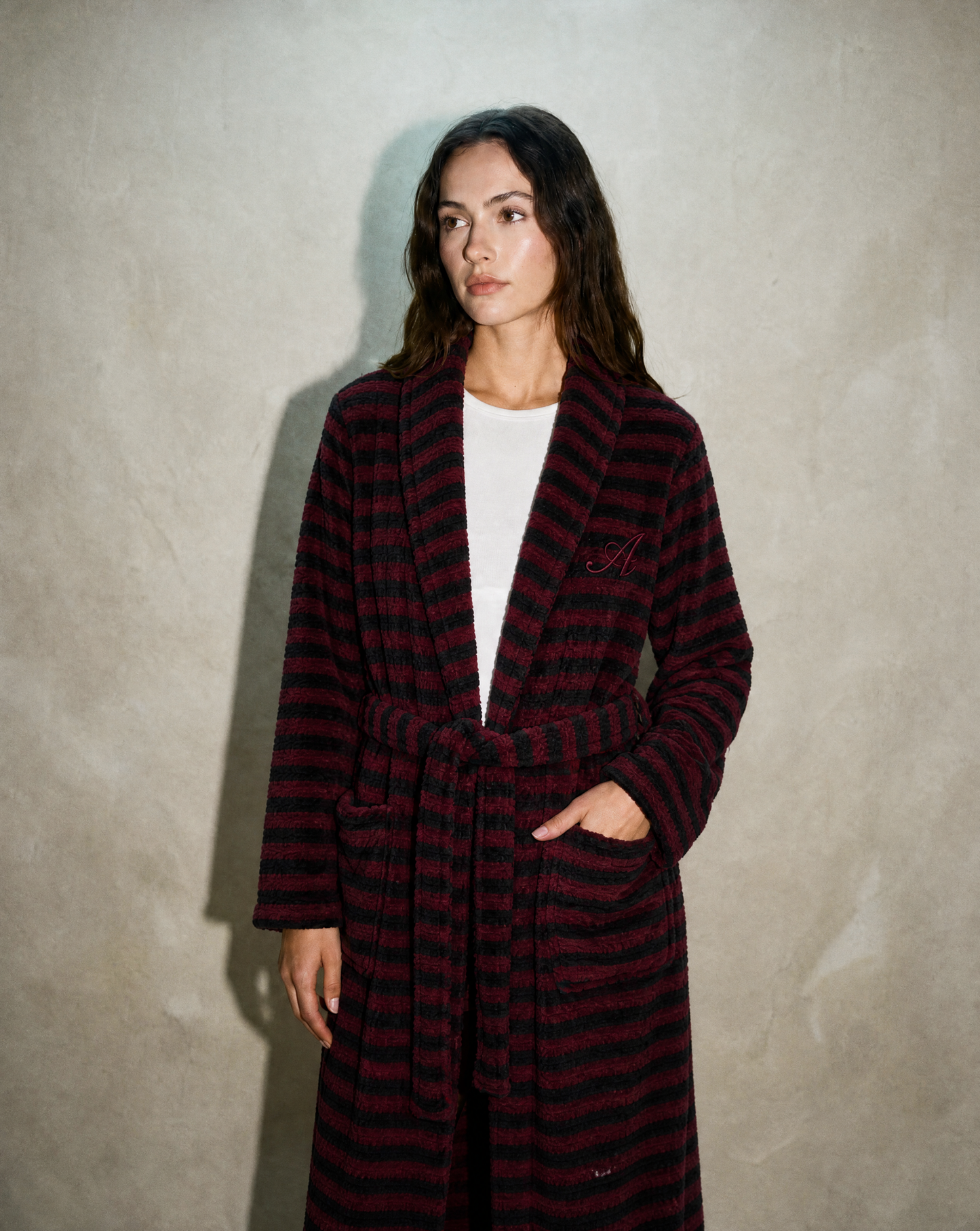 Snooze Society Personalized Monogram Striped Plush Robe | Burgundy