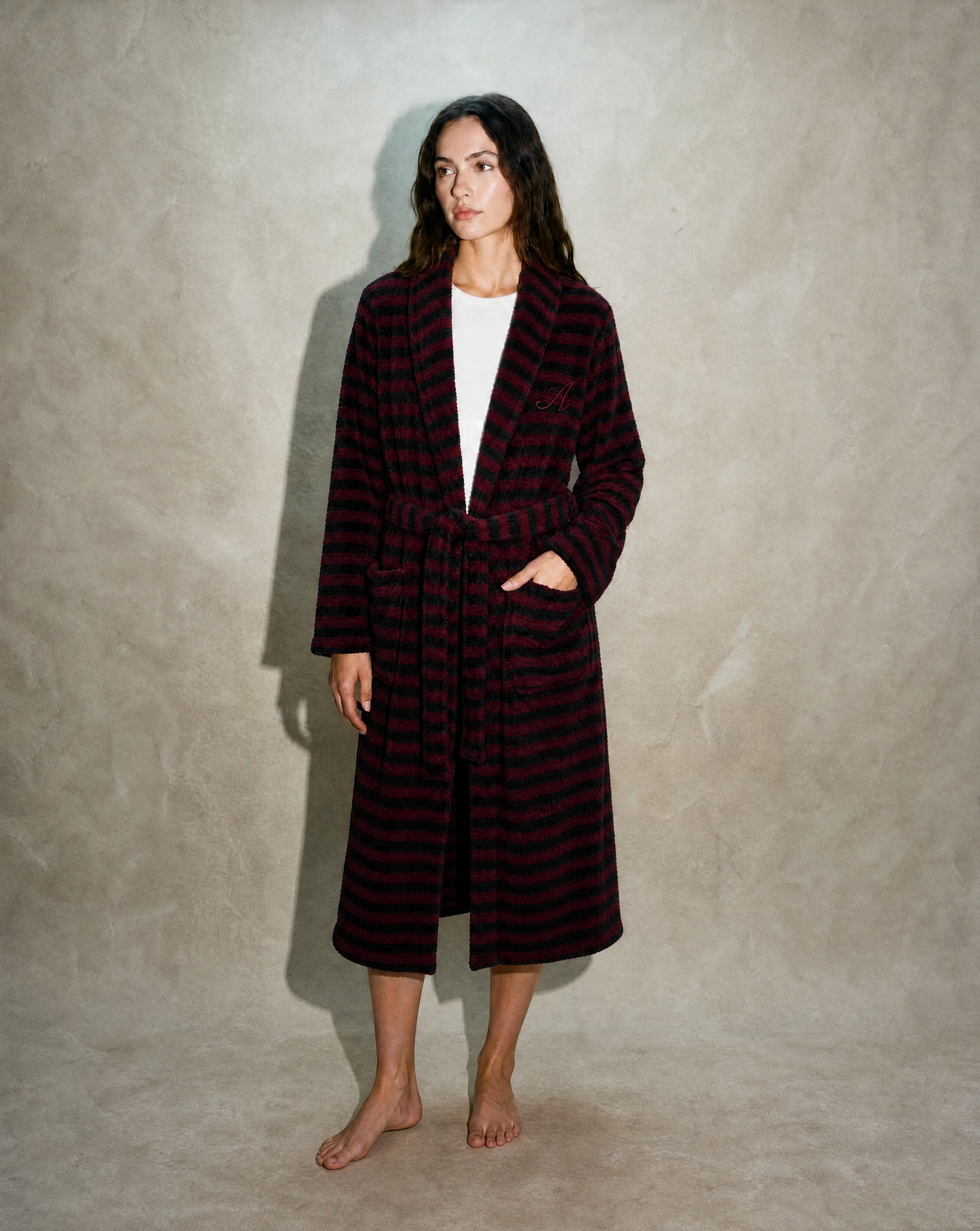 Snooze Society Personalized Monogram Striped Plush Robe | Burgundy